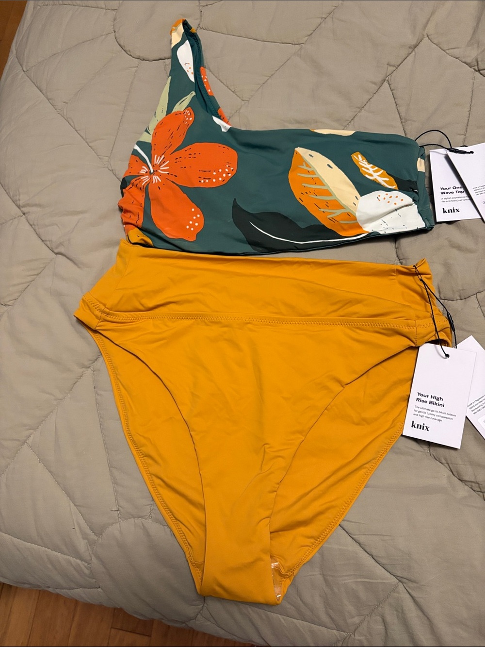 knix Green Floral One-Shoulder Bikini Top with Mustard High-Waist Bottom
